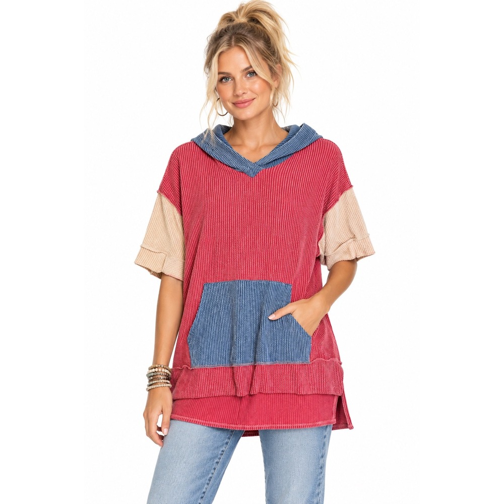 Adara Womens Colorblock Waffle Knit Hoodie Top Red Blue Tan Size S AD7546-EL